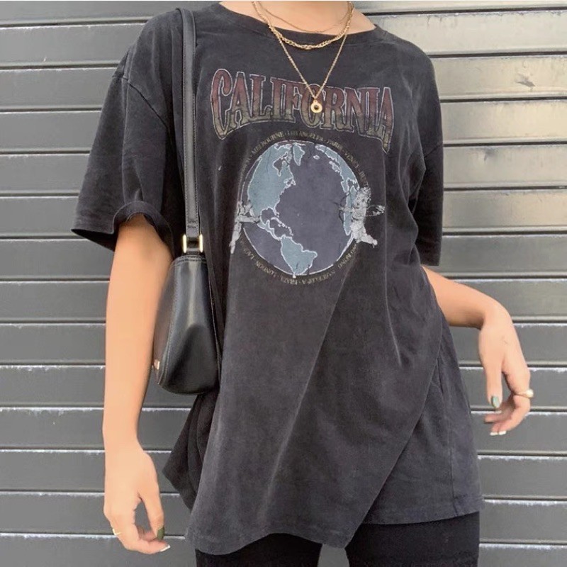 Brandy Melville California Oversized Graphic Tee Shirt Boyfriend Top Tshirt Black Dark Grey Ulzzang Korean Vintage Retro Shopee Singapore