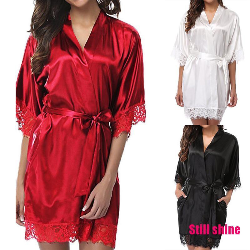 Still Shine Sexy Women Lace Long Bride Kimono Robe Satin Silk Night Dressing Gown Shopee Singapore