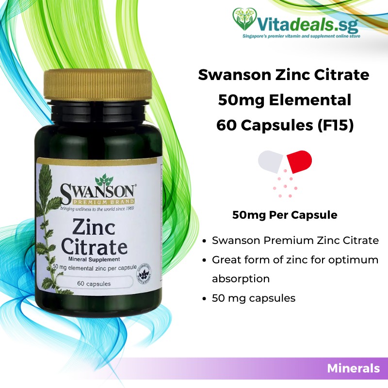 Swanson Zinc Citrate 50mg Elemental (F15), 60 Capsules, Health