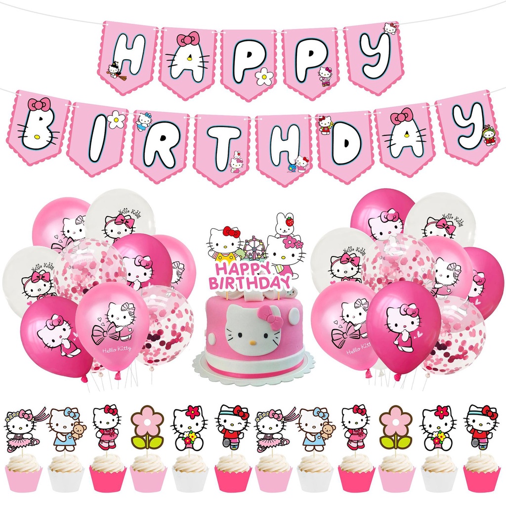 Hello Kitty Theme Party Decoration Balloon KT Cat Birthday Banner Cake ...