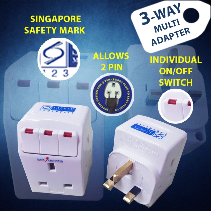 3 Way MultiAdapter with Individual Switch & Surge Protection Shopee