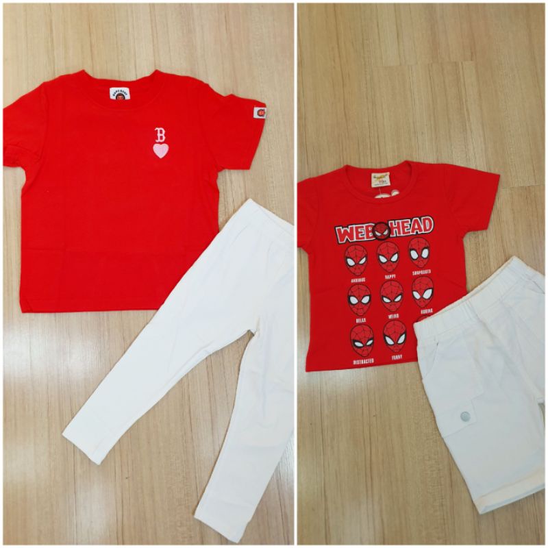 red t shirt white pants