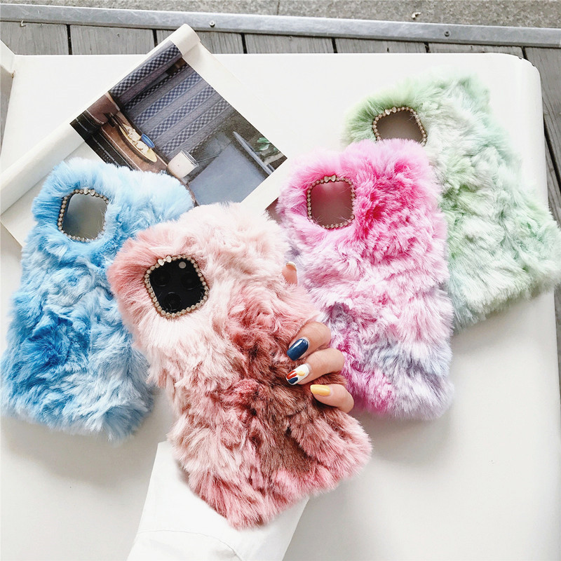 Iphone Se 11 Pro Max X Xs Xr 6 6s 7 8 Plus 5 5se Fashion Cute Fluffy Colorful Fur Plush Soft Touch Case Cover Shiny Diamond Lens Frame Back Cover Lady Girl Gift