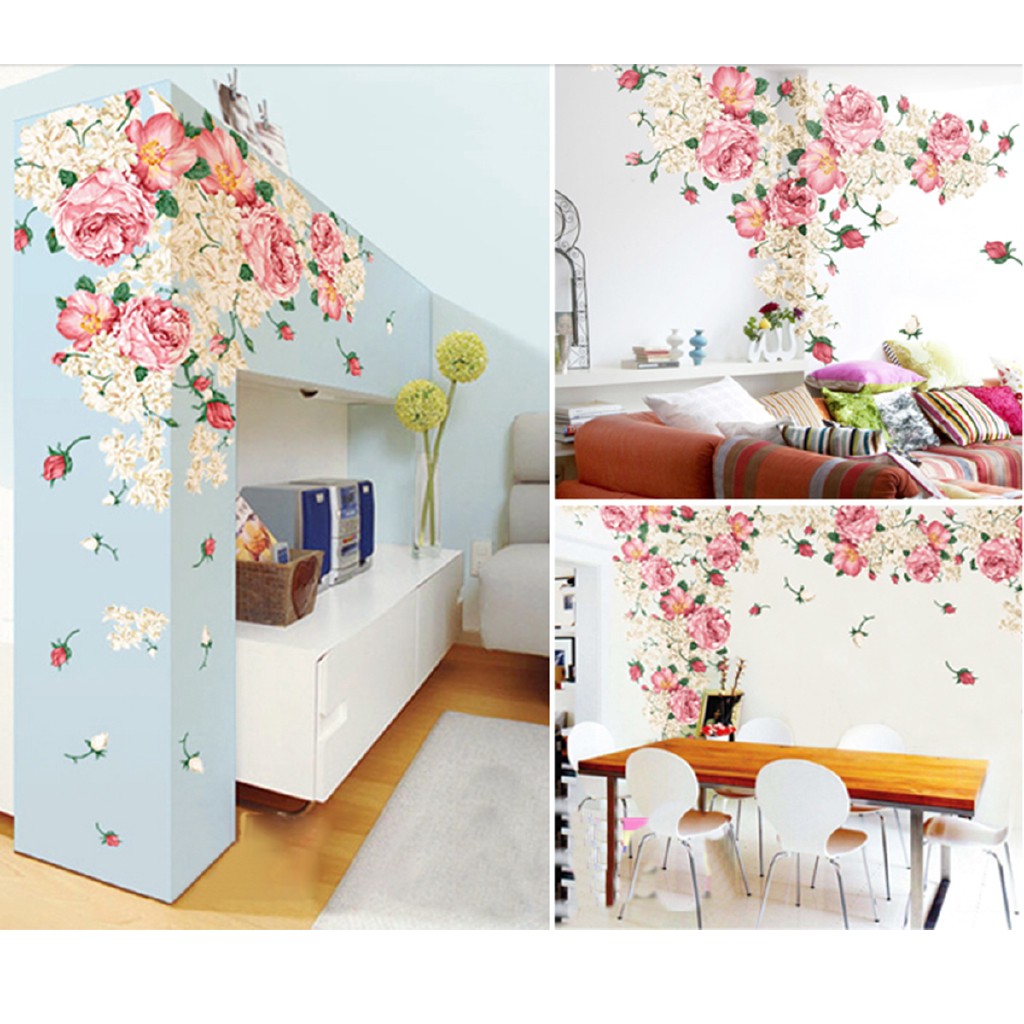 Dekoration Pink Peony Rose Flower Blossom Wall Stickers Kids