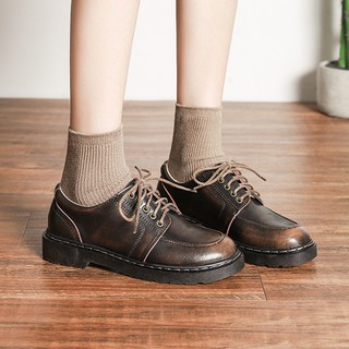 Image of Vintage leather shoes Flat bottom casual women's shoes College style leather shoes JK uniform shoes Round toe lace-up