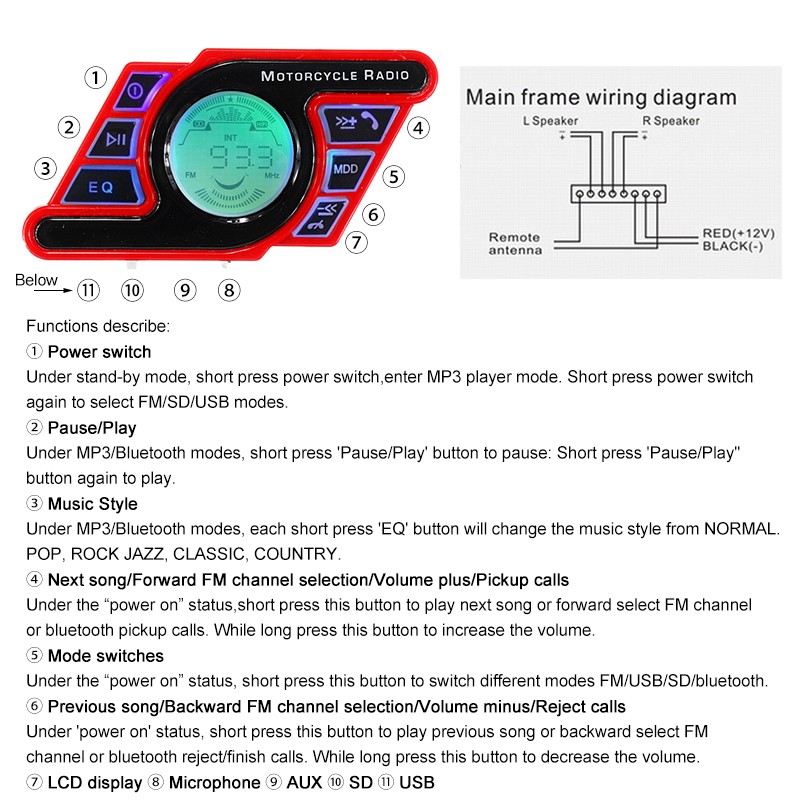 Adveise Motorcycle Radio Wiring