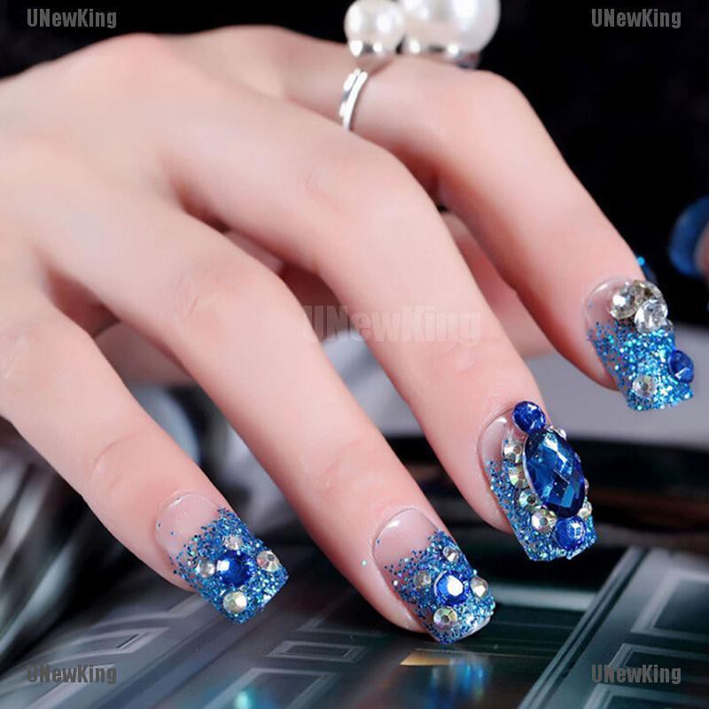 Unk 24pcs Blue Wdding False Nails Acrylic Uv Gel French Fake Nails Art Tips Tools Shopee Singapore