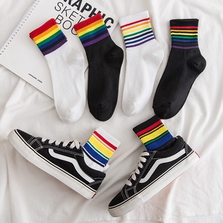 Fashion women's socks men and women breathable sports tube socks rainbow striped cotton socks