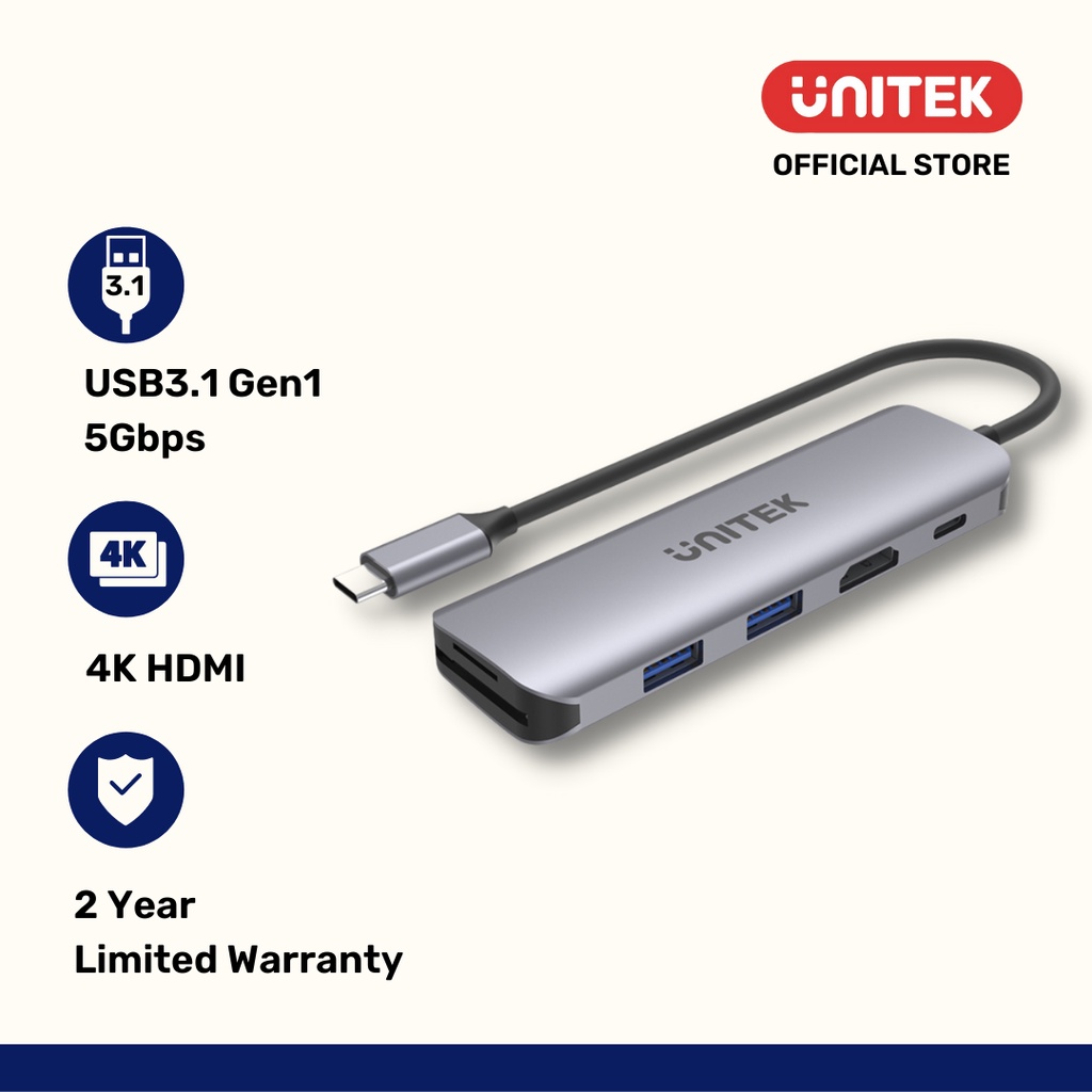 Unitek 6in1 USBC Hub with HDMI, Dual Card Reader, and 100W PD