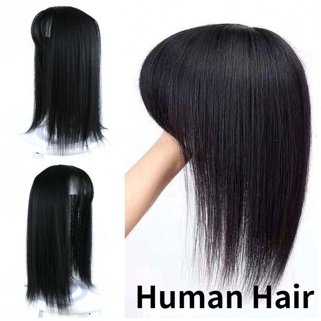 Human hair Topper Toupee Hairpiece 3 Clip In One Piece Hair Extension Synthetic  Hair with Bangs for Women Heat Resistant | Shopee Singapore