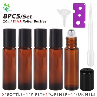 8PCS/Set Ultimate Amber Essential Oil Roller Bottles Set with Stainless Steel Balls 10ml Glass Bottle with Funnel & Opener & Pipet for Perfume & Aromatherapy #0