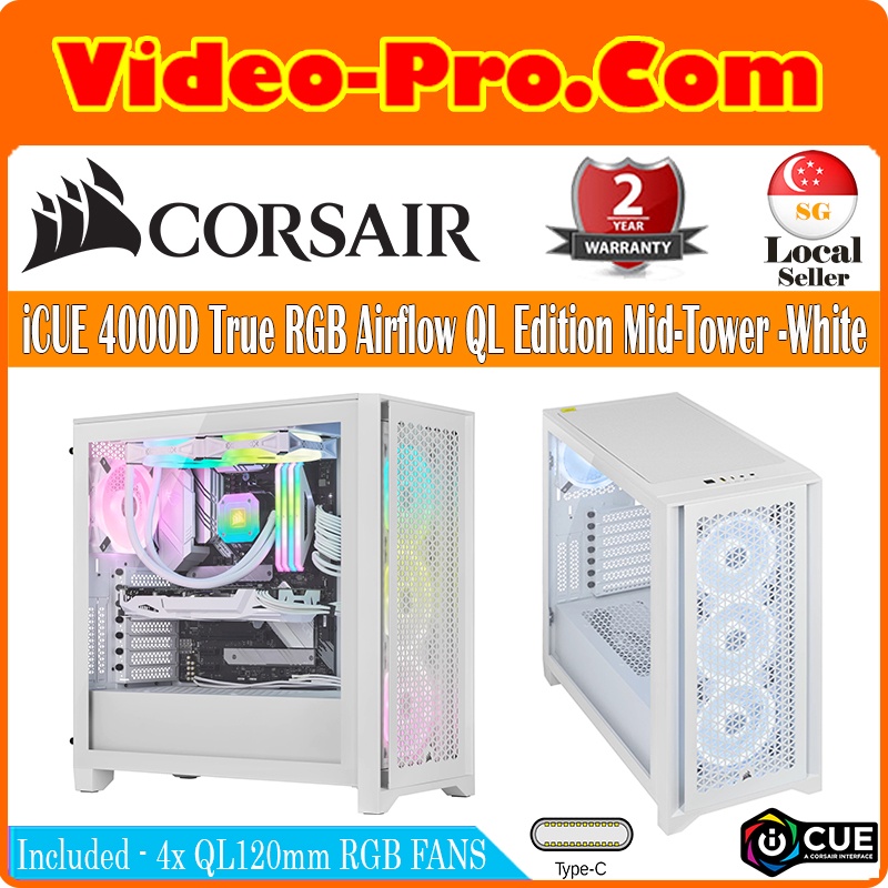 Corsair iCUE 4000D True White RGB Airflow QL Edition Mid-Tower ATX Case ...