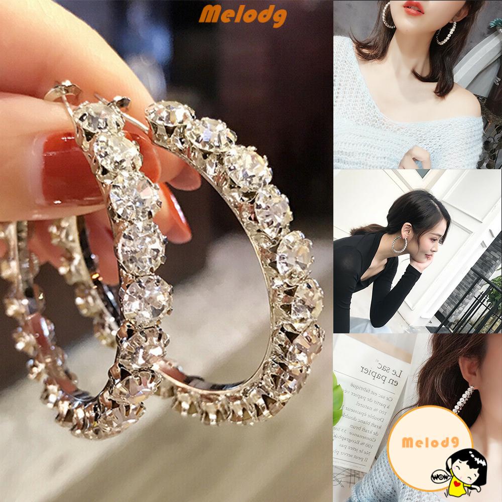 925 Fashion Women Black Silver Crystal Rhinestone Ear Stud Hoop Earrings Jewelry