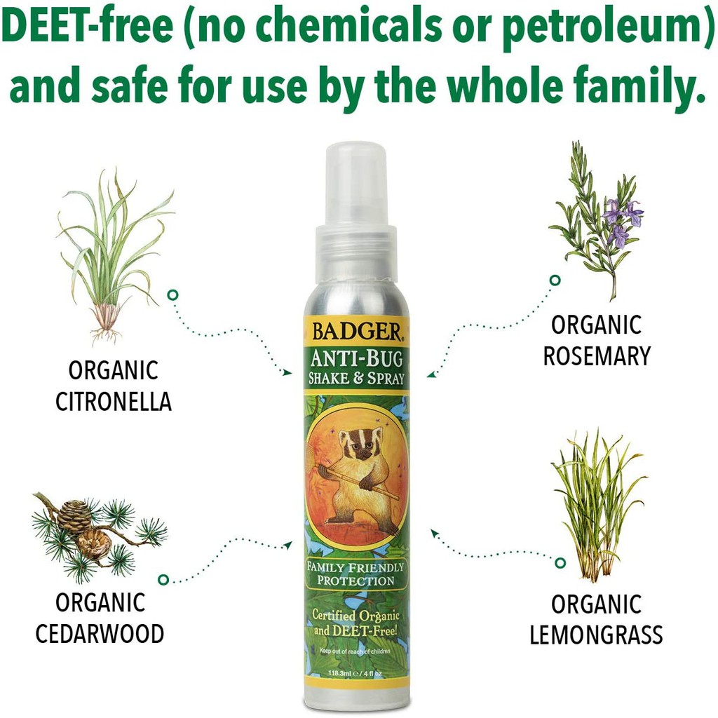 Badger AntiBug Shake & Spray, DEETFree Natural Bug Spray,Certified