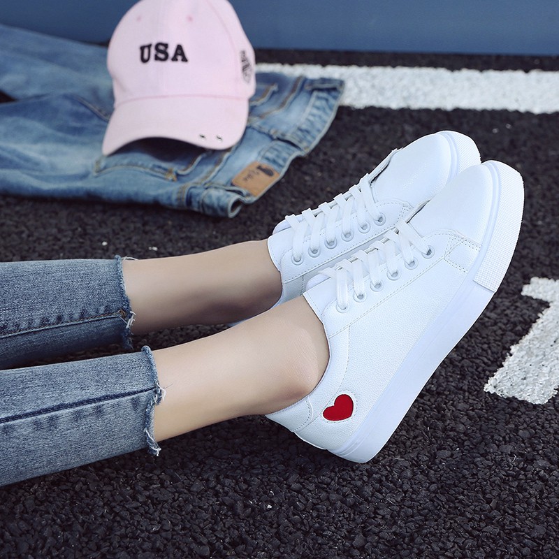 women's white casual love heart sneakers laceup student korean cute