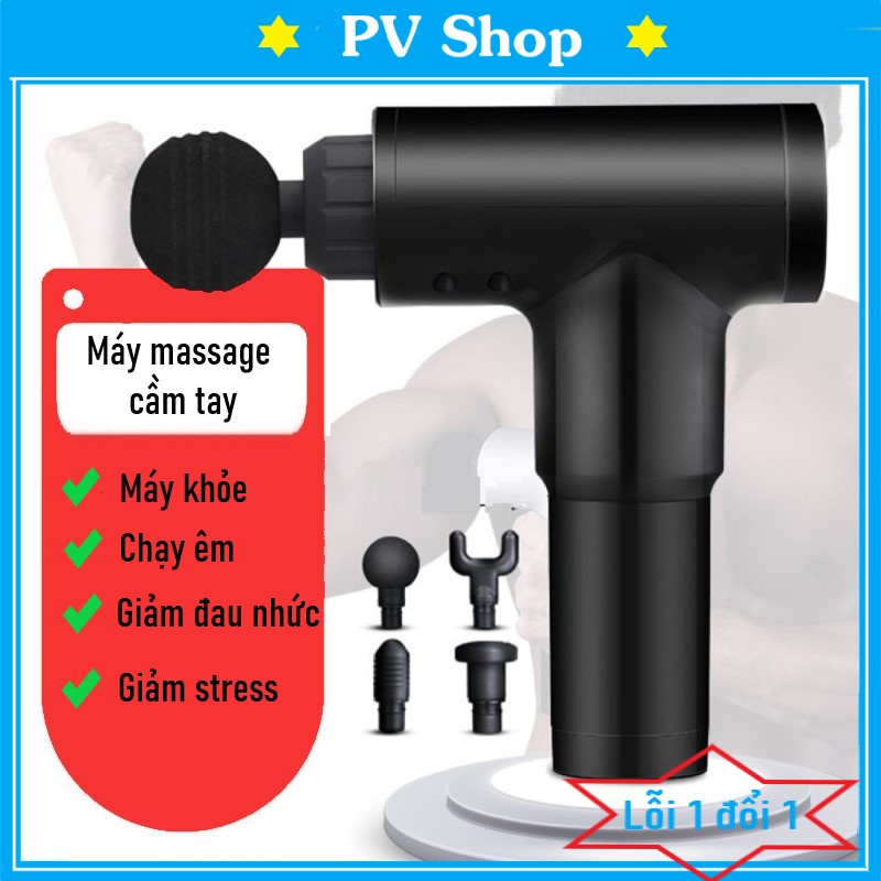 Máy masage cầm tay fascial gun 4 đầu 6 chế độ - súng matxa cầm tay trị nhức mỏi vai gáy, đau giãn cơ