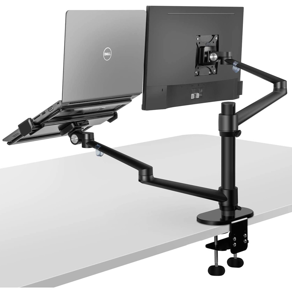 Mount-It! Dual Monitor Arm With Laptop Tray - Fully Adjustable Desk Pole Mount For Laptops & Monitors Up To 27"