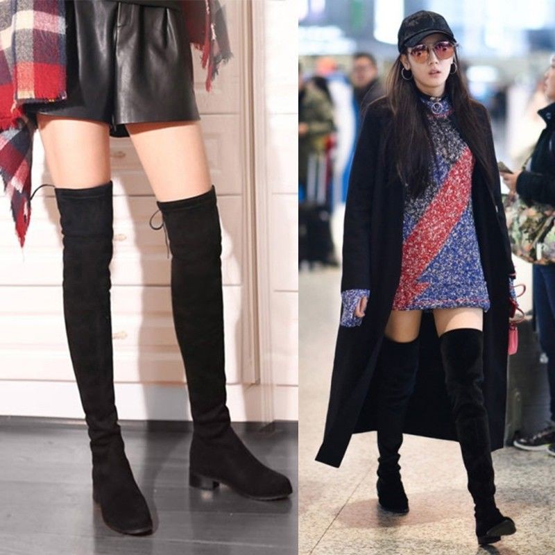 flat elastic thigh high boots