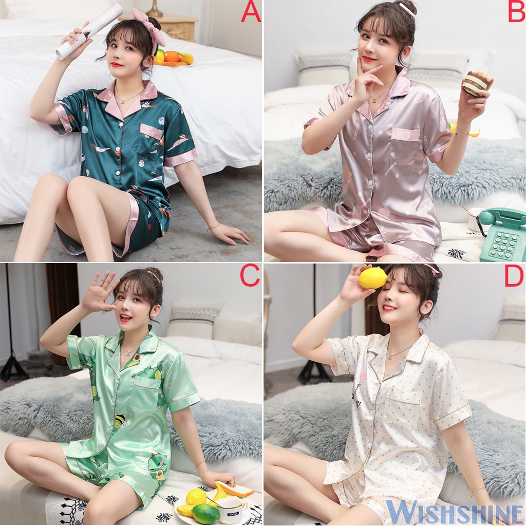 Women Silk  Satin  Pyjamas Set Short Sleeve Baju  Tidur  