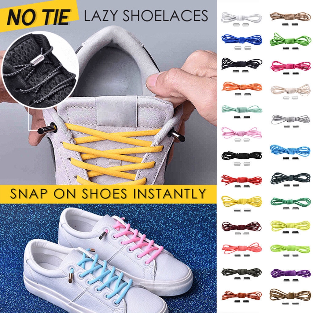 Metal Lock NO TIE Shoelaces Stretched Lazy Round Elastic Shoestrings ...