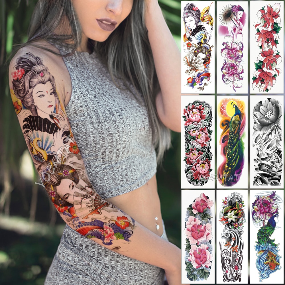 2pcs Large Arm Sleeve Tattoo Japanese Geisha Snake Waterproof Temporary  Tatto Sticker Lotus Peacock Girl Tatoo Body Art Women | Shopee Singapore