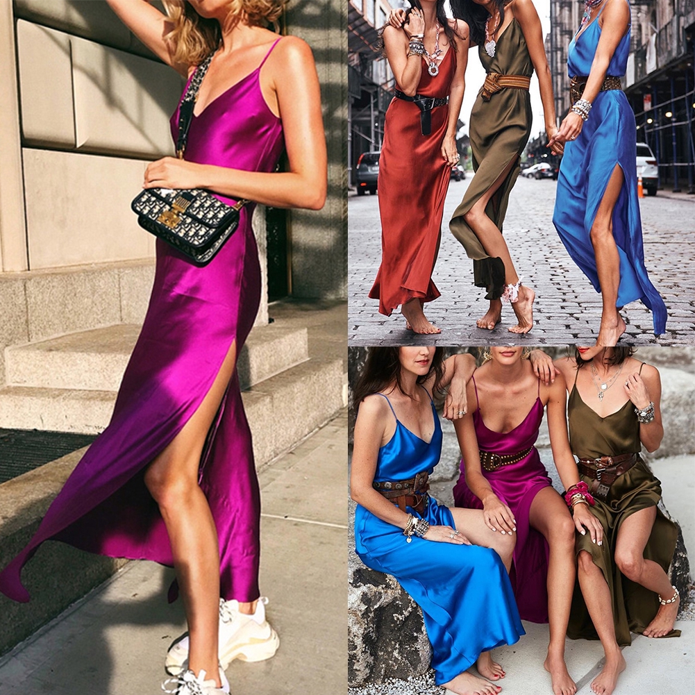 satin v neck maxi dress