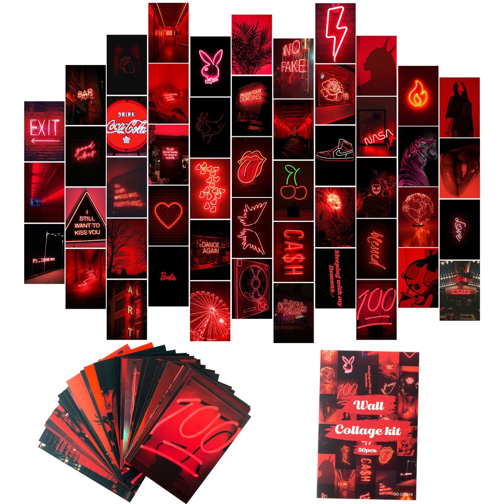 Trendy Wall Prints Kit Neon Red Photos Collections Collage Dorm Decors for Girl Teens and Women Small Posters for Room Bedroom Aesthetic YINGENIVA 50PCS Red Neon Aesthetic Pictures Wall Collage Kit 