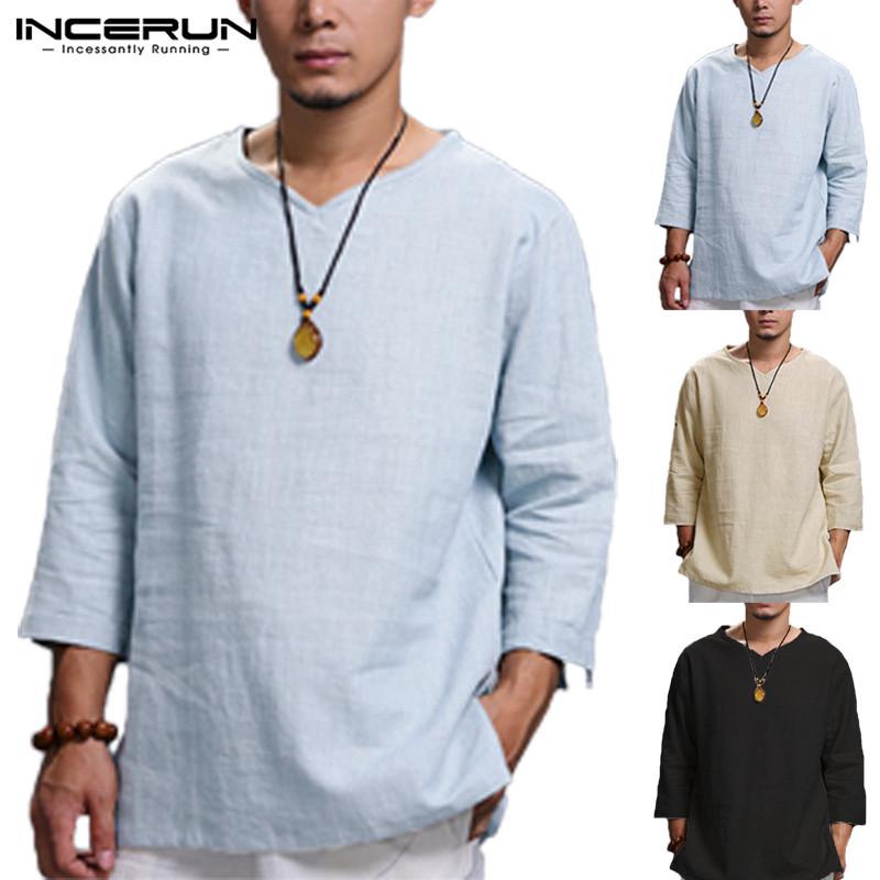 Image of Men Causal Long Sleeve Solid Color V Neck Baggy Tops