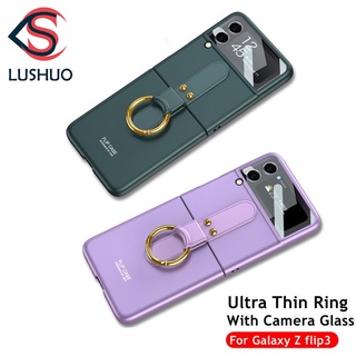 LUSHUO Phone Case for Samsung Galaxy Z Flip 3 Finger Ring Matte Slim Case with back Camera Tempered Glass Case