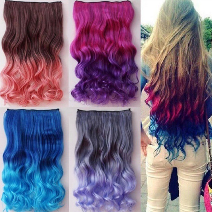 Women Ombre Hair Clip Curly Wavy Rainbow Color Mix Color Hairpiece