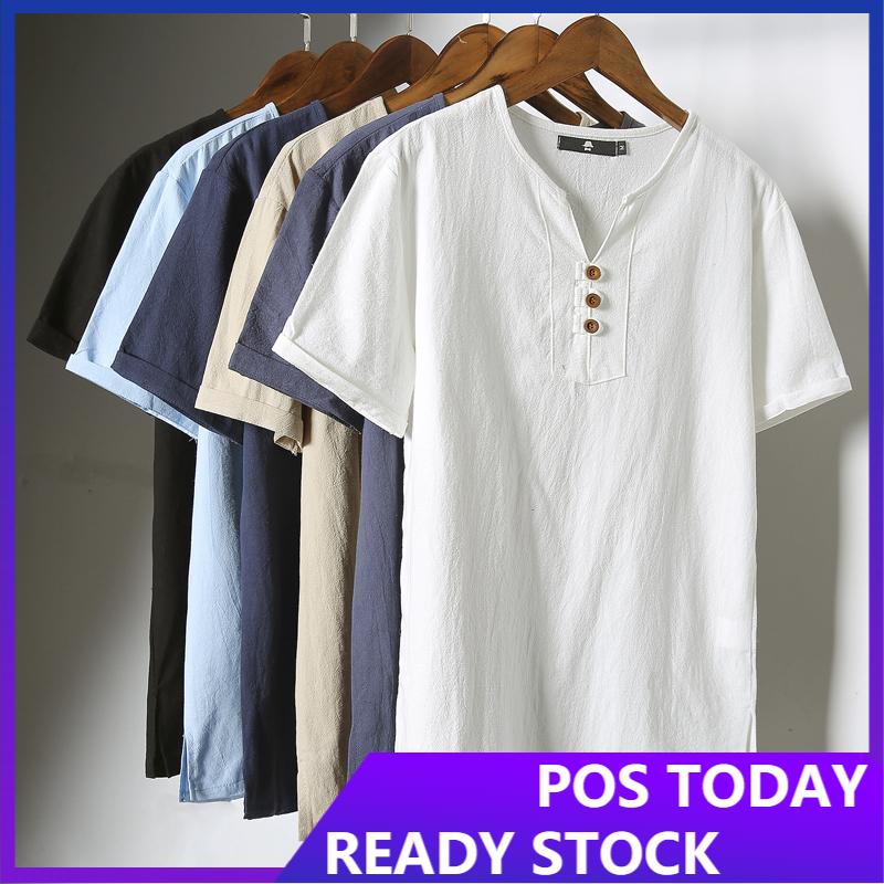 mens short sleeve collarless shirt