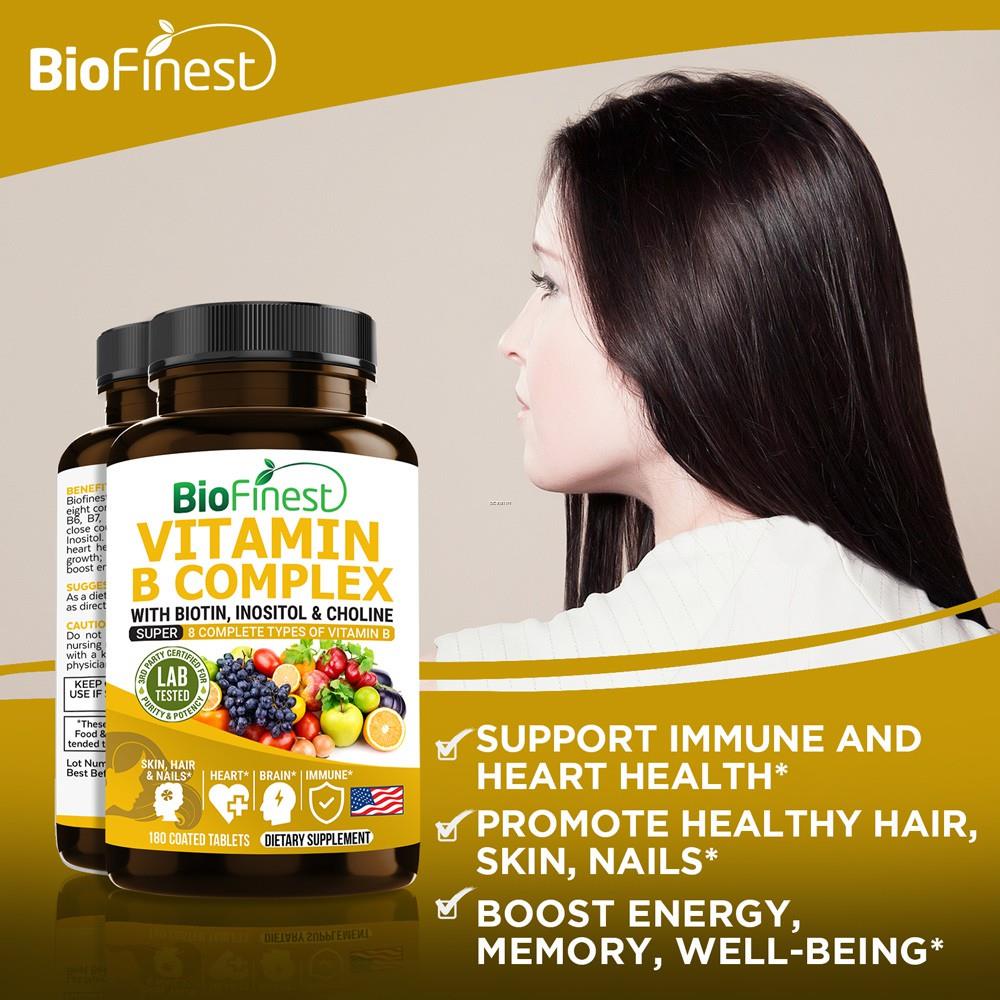 Biofinest Vitamin B Complex B1 B2 B3 B5 B6 B7 B9 B12 Biotin Inositol Heart Brain Skin Hair 180 Coated Tablets Shopee Singapore