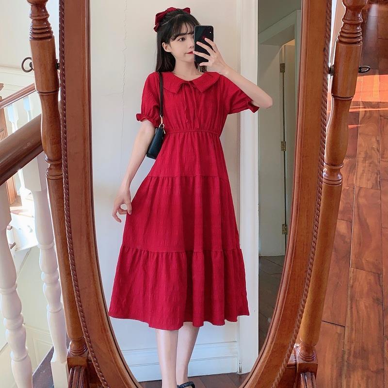 Pleated Short Sleeve Dress Women Fashion Red Long Dress Casual Slim Waist  Korean Fashion Dress | Shopee Singapore