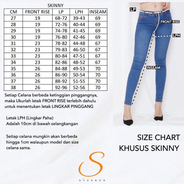 skinny jeans size chart