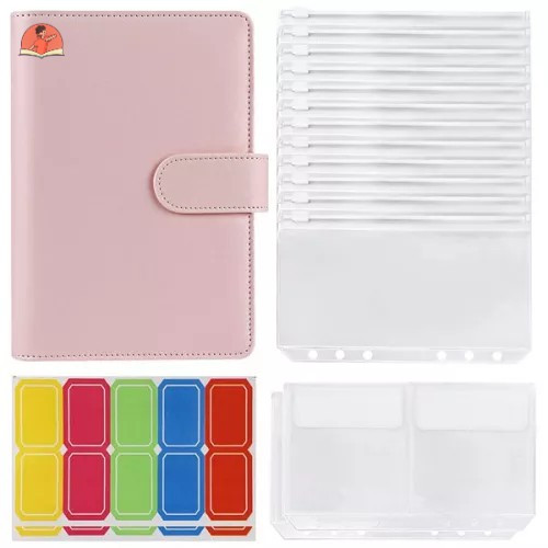 Pink 15 Pieces Plastic Binder Envelopes with PU Leather Notebook Binder A6 Loose Leaf 6 Ring and Colorful Label Sticker and Metal Ballpoint Pen for Documents and Cards 