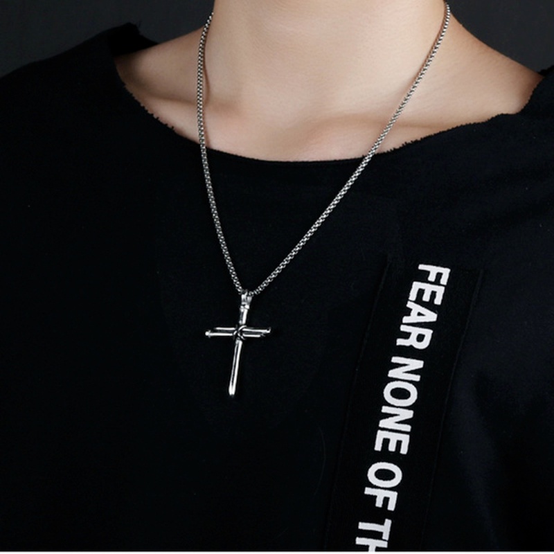 Image of Vintage Stainless Steel Necklace Men Nail Cross Pendant-Chain Necklace Mens Jewellery Christian Church Baptism Gift #3