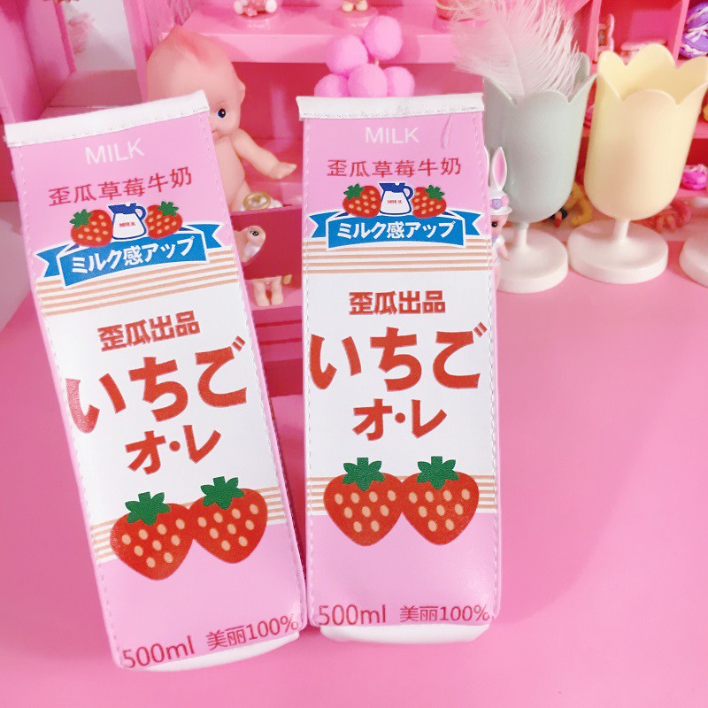 Pink World Strawberry Meiji Milk Pencil Case Make Up Bag Student Cute Shopee Singapore - strawberry milk bag roblox