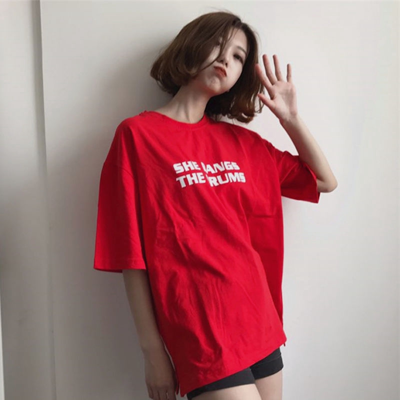 red oversized tee