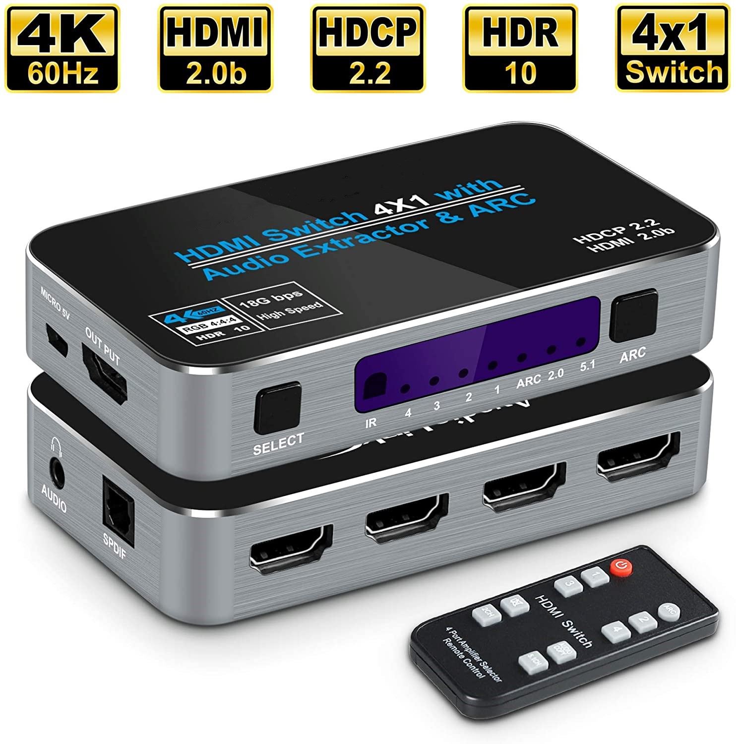4K@60Hz 4 Ports HDMI 2.0b Switch Switcher Box 4 in 1 Out with Optical 3 ...