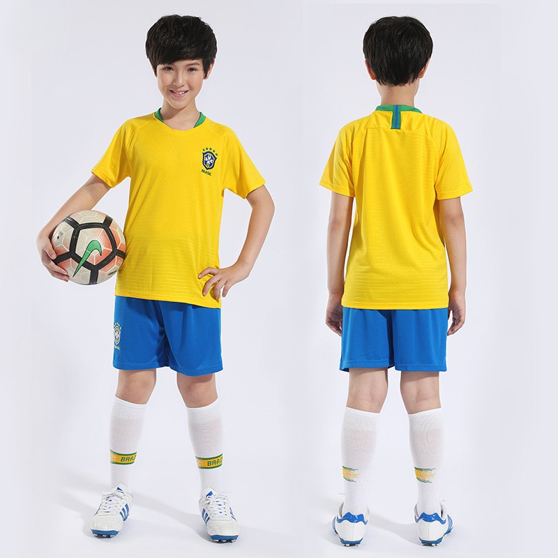 Brazil Home World Cup Kids Soccer Jersey with matching shorts All Youth Sizes Ages
