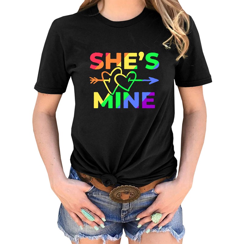 Image of New Lesbian Couple T-shirt  Rainbow Pride Tops I'M HERS SHE IS MINE Letter Print Female Short Sleeve Tees #1