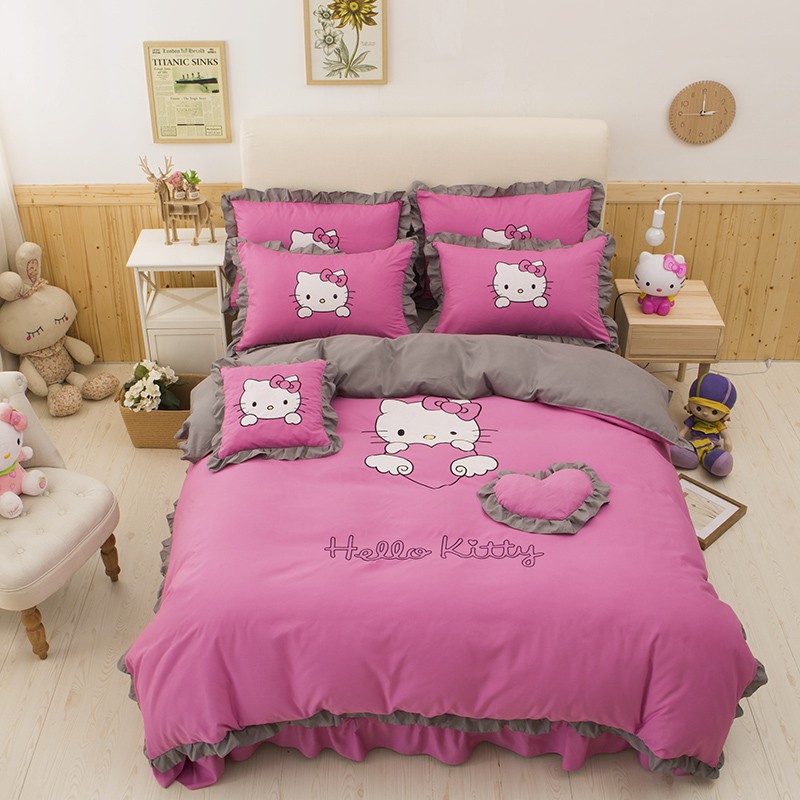 Nodic Style Bedroom Set Duvet Covet Set Hello Kitty Rose Red Embroidery Kt