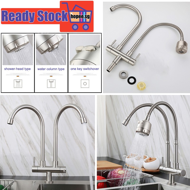 Ready Stock 304 Stainless Steel Double Faucet Kitchen Sink Tap Flexible