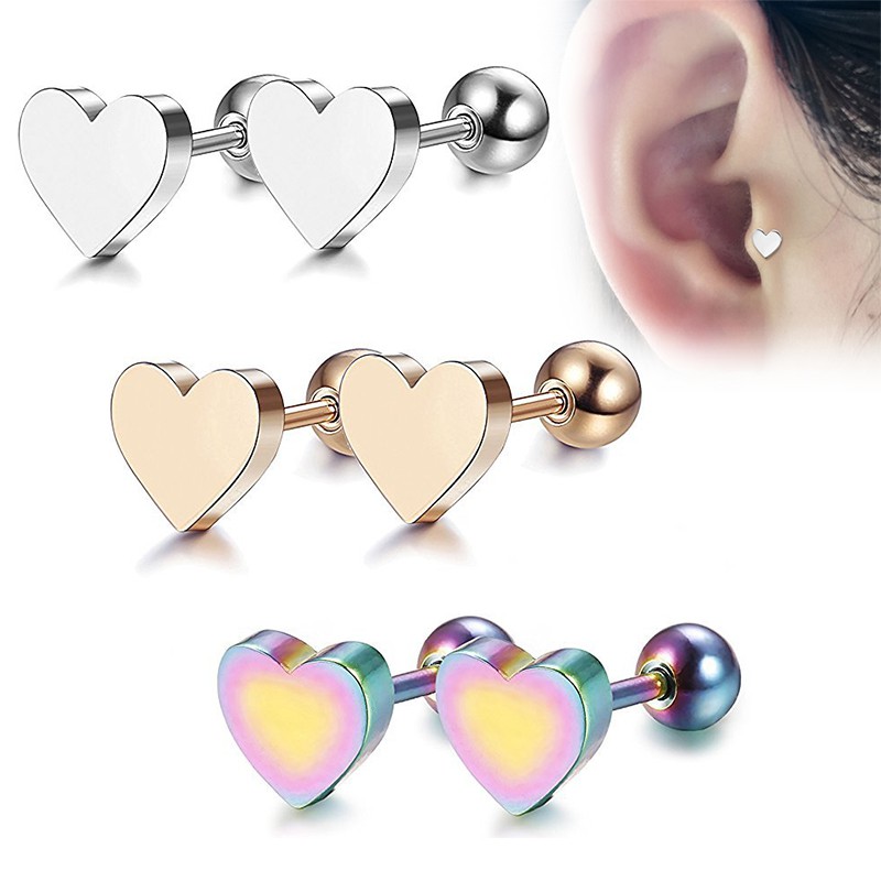 2pcs Tragus Earrings Cartilage Helix Heart Shape Ear Studs Piercing Jewelry Gift