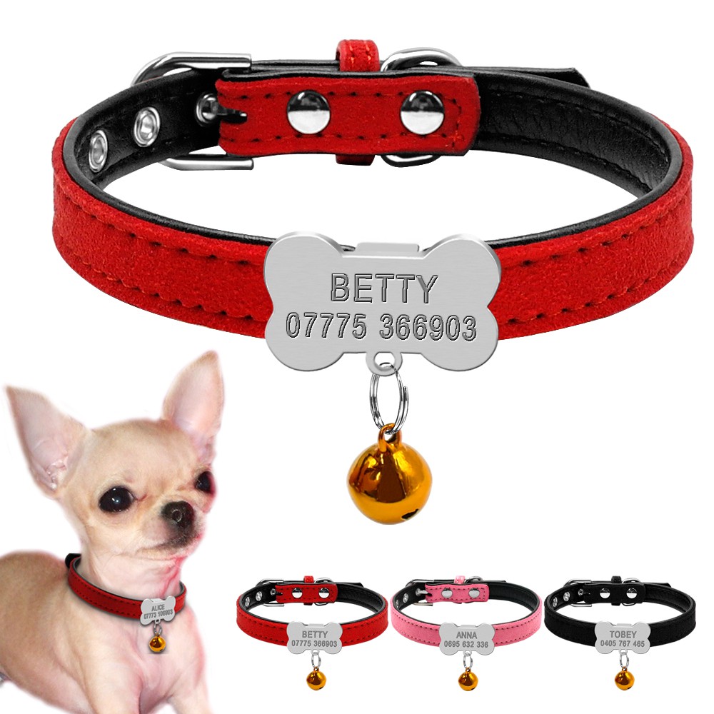 Small Custom Personalized Dog Collar with Bell Suede Leather for ...