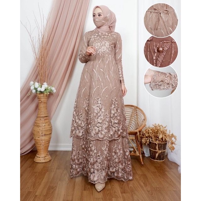 Davira (New Product)Dress Susun Full Brukat Free Masker/Busui Friendly / Gamis Pesta Kondangan/Bride