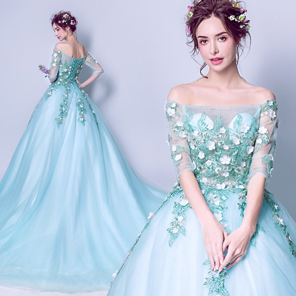 Evening Dress Lace Embroidery Half Sleeve Light Green Banquet Prom
