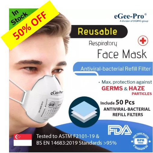 N95Grade eGeePro REUSABLE MedicalGrade Face MASK + 50 Pcs Refill