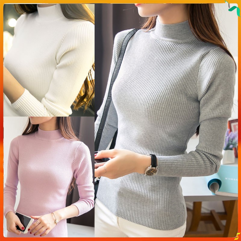 Women Korean Casual Knitted Sweater Turtle Neck Long Sleeve T Shirt ...