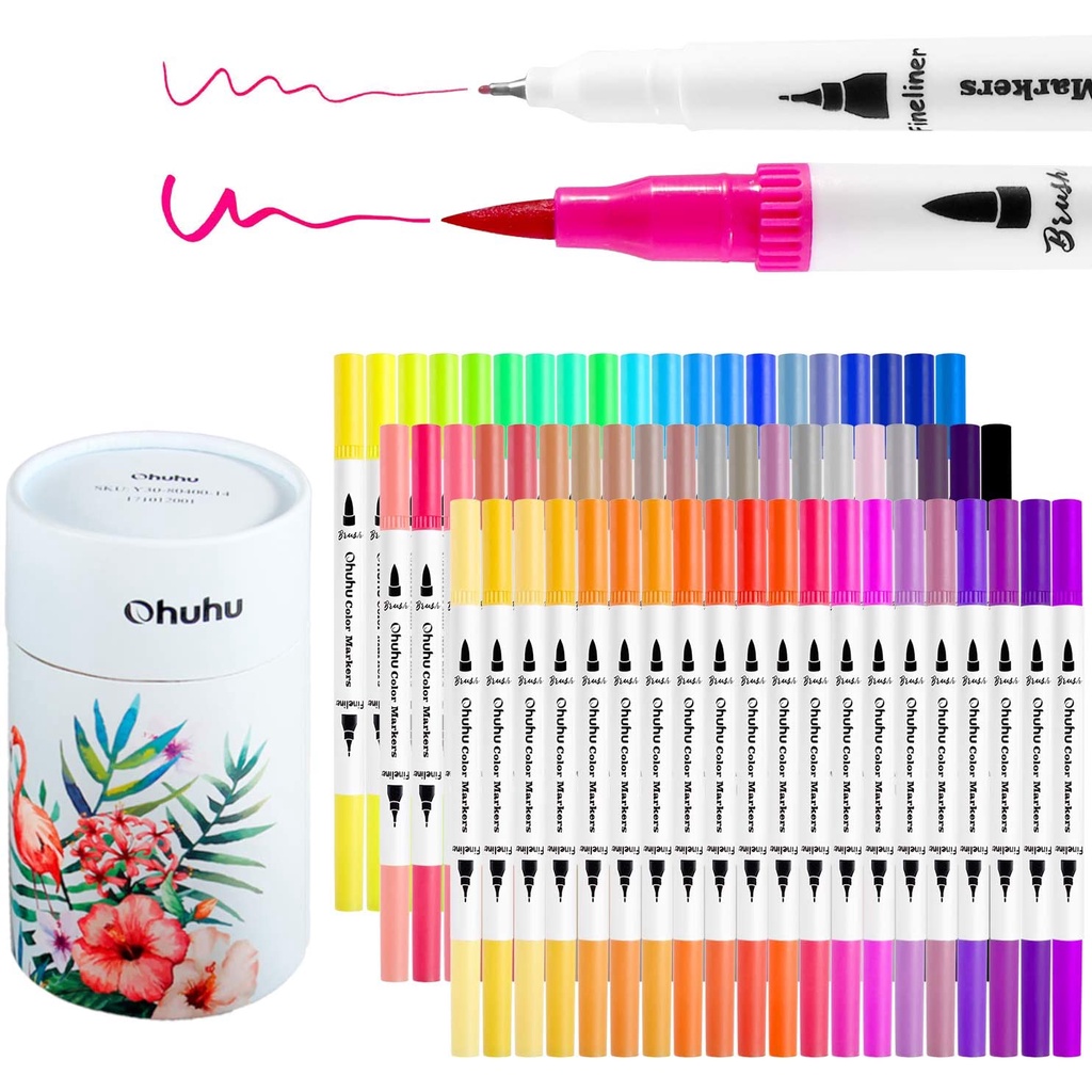 Ohuhu Art Markers Dual Tips Coloring Brush Fineliner Pens, 60 Colors of